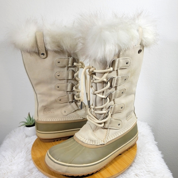 SOREL Joan of Arctic cream suede taupe faux fur waterproof winter